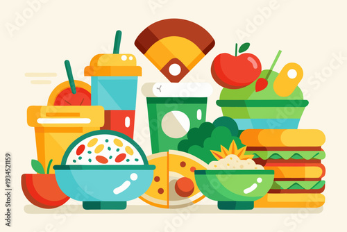 A colorful vector illustration of various fast food items and healthy snacks arranged together