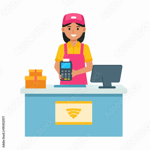 Cheerful woman in pink apron standing behind a light‑blue counter, holding a card reader and smiling, in a retail service setting, illustrated cartoon view from front