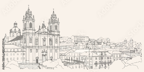 Sketch of a baroque cathedral overlooking a densely populated cityscape