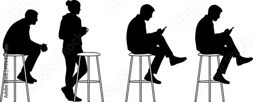 Silhouettes of people with stools seated standing walking using phones cups modern social behavior waiting concept flat vector illustration