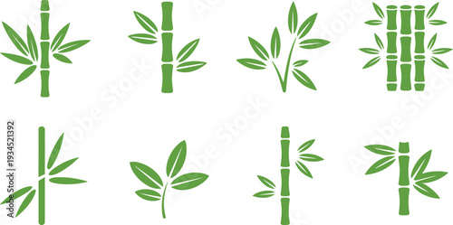 Minimalist bamboo and leaf icon set, green eco plant symbols for nature and sustainable design