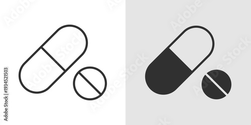Pill Icon representing medication, pharmaceutical treatment, and healthcare services. Stroke, filled, and colored vector illustration.
