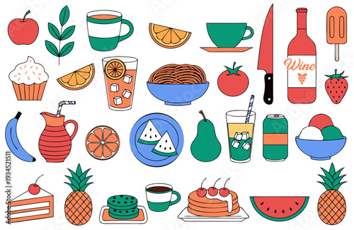 A colorful vector illustration of various food and drink items, including fruits, desserts, and beverages, arranged in a flat and minimalist style.
