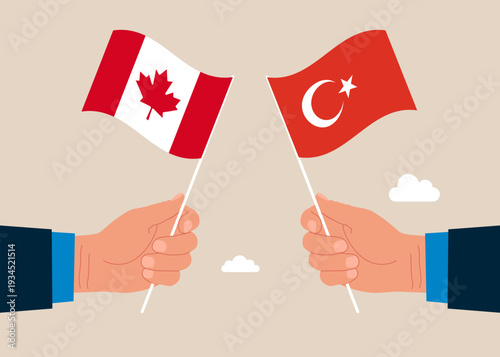 Bilateral political relations. Two flags of friendship. Businesspeople united between Canada and its friendly countries Turkey. Flat vector illustration.