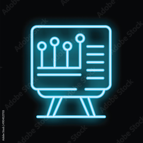 Neon blue icon of a flipchart with analytics information displaying business growth on a black background