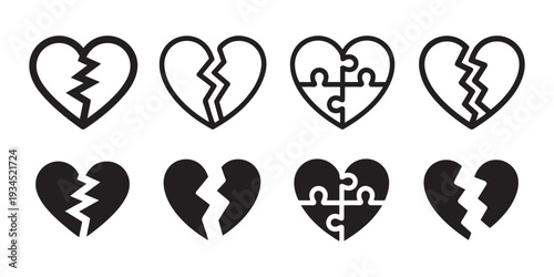 Broken Heart Icons Collection. Symbolizing Sadness, Breakup, and Relationship Problems with Puzzle Pieces and Jagged Lines.