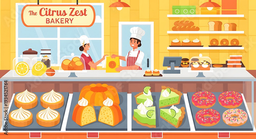 A colorful vector illustration of a bakery interior with chefs and various sweet treats on display