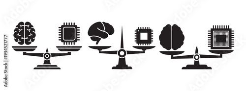 Scales of Justice with Brain and CPU Icons, Illustrating Intelligence vs. Technology Balance