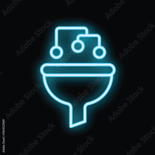 Blue neon icon of a sales funnel converting data into leads glowing on a black background