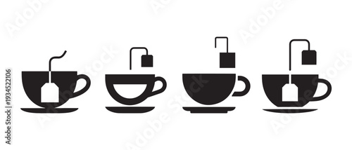 Tea Cup Icons Set. Steeping Process of Tea Bag in Four Stages, Silhouette Graphics.