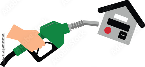 Minimalist illustration of hand holding fuel pump nozzle near house icon, home energy cost and gas price concept