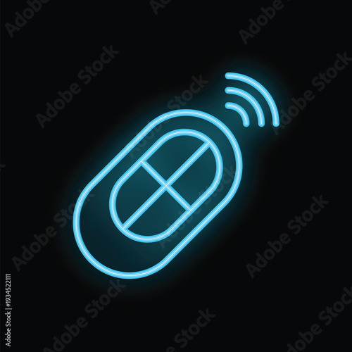 Glowing blue neon icon of a remote control with radio waves emanating from it, set against a stark black background