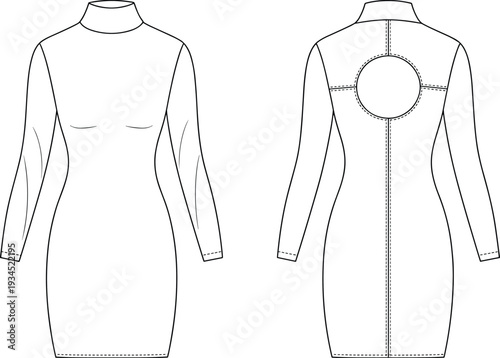 Technical fashion sketch of a women long sleeve mini dress featuring a high neck bodycon fit and open back circle cutout manufacturing template.