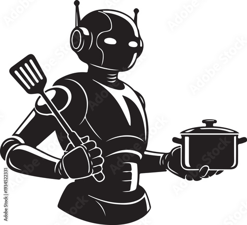 Robot chef holding cooking pot and spatula isolated on transparent background