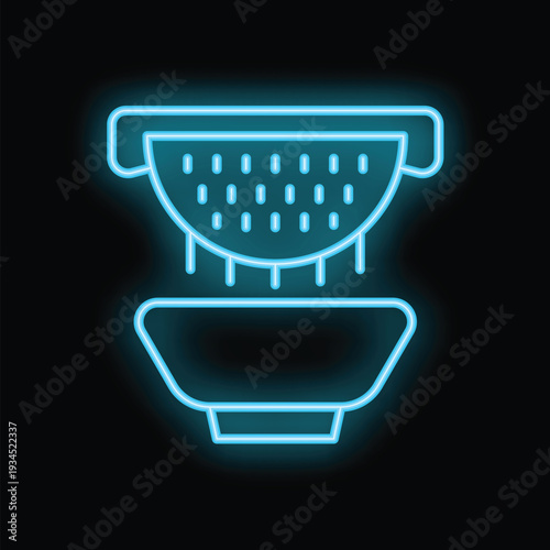 Bright blue neon colander draining water into a bowl icon on black background