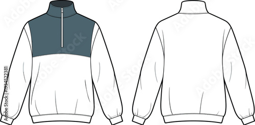 Technical fashion sketch of a men long sleeve half zip sweatshirt featuring a stand collar and side pockets front and back views manufacturing template.