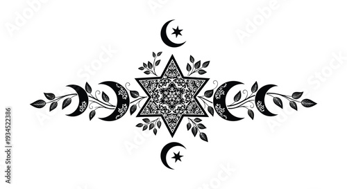 Intricate celestial design featuring a star crescent moons and botanical elements in a dark silhouette high quality professional