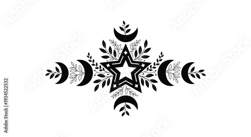 An ornate symmetrical design featuring celestial phases botanical elements and a prominent star a striking silhouette high quality