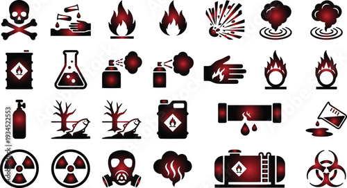 Collection of warning signs and symbols for hazardous materials and dangerous situations on white background