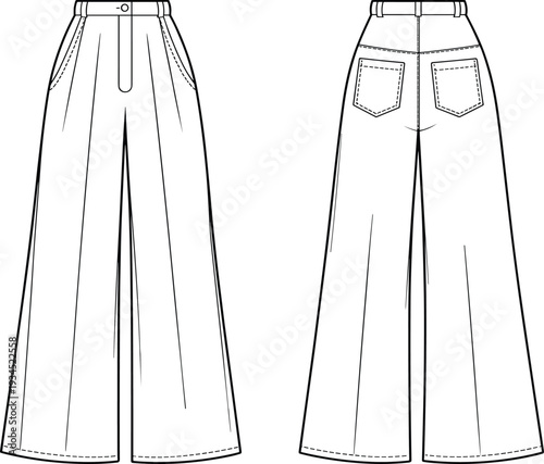 Technical fashion sketch of women wide leg trousers featuring high waist front and back views with pockets for apparel design and clothing manufacturing template.