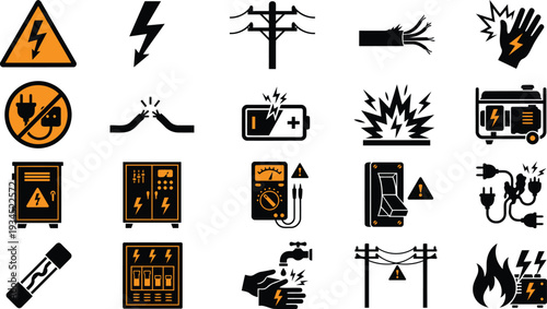 Electricity warning signs and symbols for safety and hazard alerts  various icons for electrical hazards and precautions