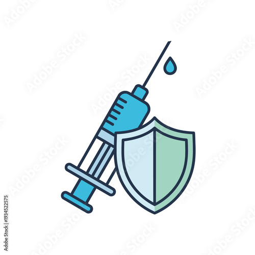 Vaccine syringe with drop and shield icon, symbolizing protection and immunity