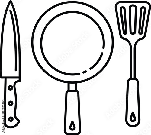Black outline kitchen utensils knife frying pan spatula on white cooking