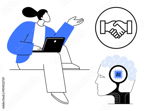 Digital collaboration. A professional engaging on a laptop alongside a handshake symbol and AI-powered brain illustration. Digital collaboration enhances teamwork and AI-driven productivity