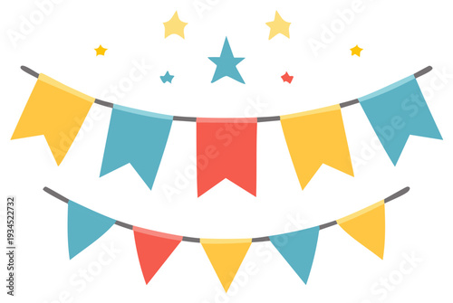 Festive hanging party bunting flags and stars illustration for celebration decor