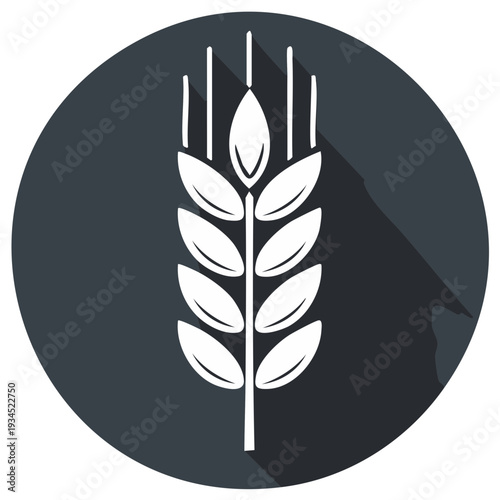 Stylized white wheat stalk icon with long shadow on dark grey circle background