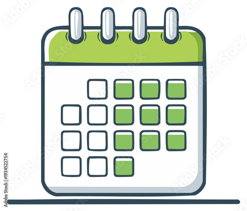 Cartoon style calendar with marked dates, planner for important events or meetings, green highlight