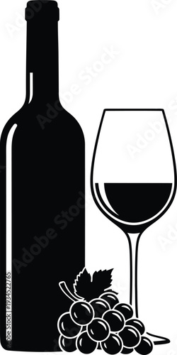 Black silhouette of wine bottle glass and grapes on white background fruit