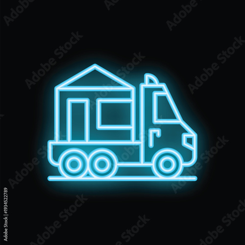 Glowing neon light showing tiny house being transported on a truck, representing modern, sustainable living and mobility