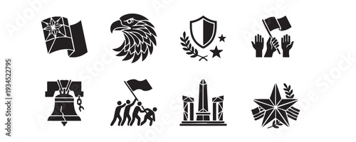 Patriotism and Independence Day Icons – Liberty Bell, Eagle, Flag, Monument and National Symbol Vector Set