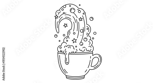 A whimsical vector illustration of a steaming cup with a rainbow and stars emerging from it