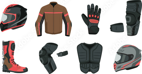 Tableau sur toile Motorcycle safety gear and protective equipment set, helmet jacket gloves boots