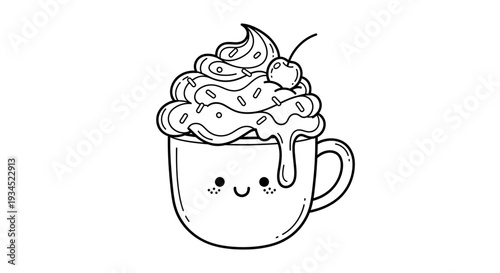 A cute cartoon illustration of a smiling mug filled with whipped cream and a cherry on top