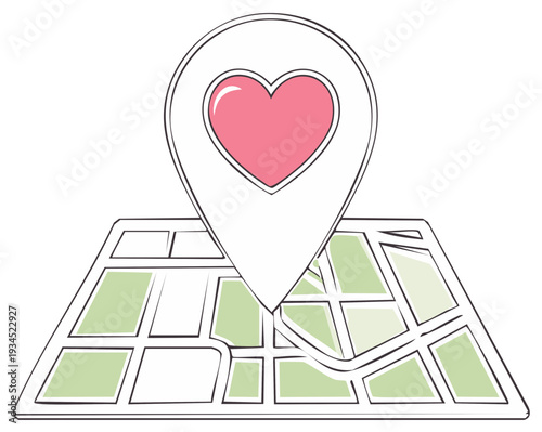Illustration of a map pin with a heart symbol marking a special location on a city street map