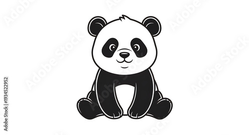 A cute cartoon panda bear sitting on a white background in a minimalist black and white illustration style.