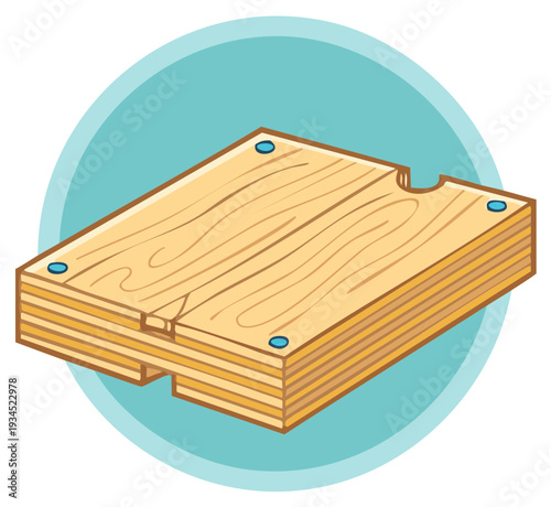 Cartoon illustration of a layered plywood block with wood grain texture and joinery cuts