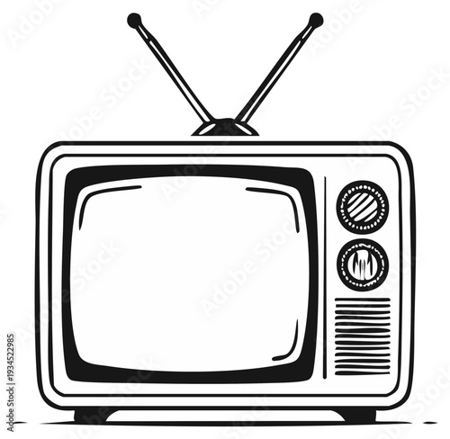 Retro television with antennas, vintage style illustration, line art