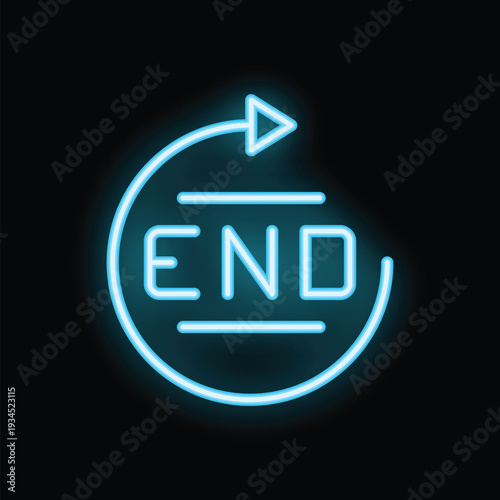 Bright, glowing neon sign displaying the word end within a circular arrow, conveying finality or completion