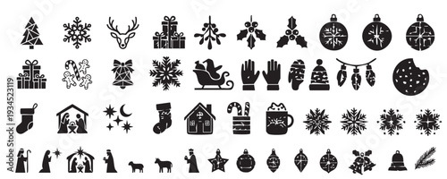 Christmas and Winter Holiday Icons – Tree, Snowflake, Reindeer, Gifts, Nativity and Festive Vector Set