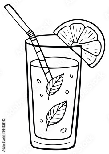 Black and White Drawing of a Tall Glass with Drink, Lemon Slice, Straw and Mint Leaves