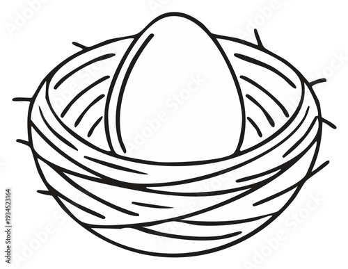 Simple black and white line art illustration of a single bird egg in a nest