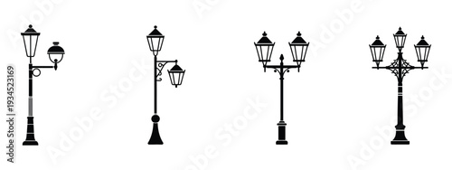 Ornate Vintage Street Lamp Icons, Silhouette Collection of Classic Lampposts and Traditional Decorative Outdoor Lighting for Urban Design and Illustration Use.