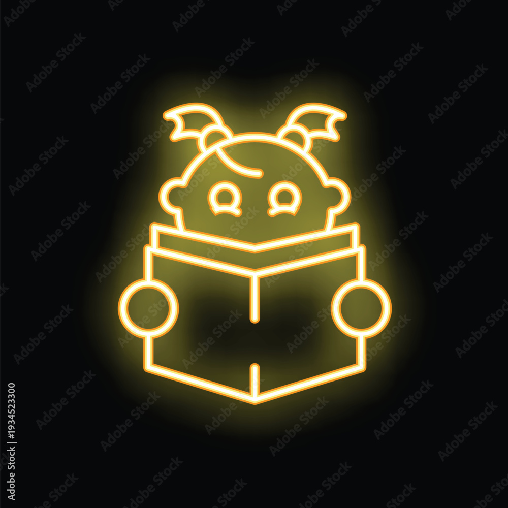 Fototapeta premium Yellow neon sign of a cute monster with horns reading a book, on a black background