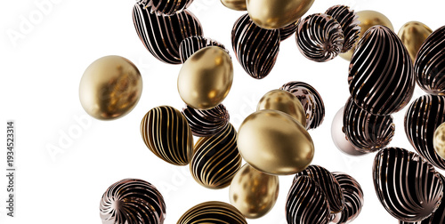 Artistic rendering of golden and black textured Easter eggs floating on white. Modern abstract composition for festive d