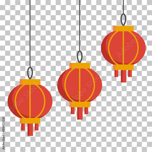Three traditional red Chinese lanterns with gold accents and tassels hanging against a transparent background.