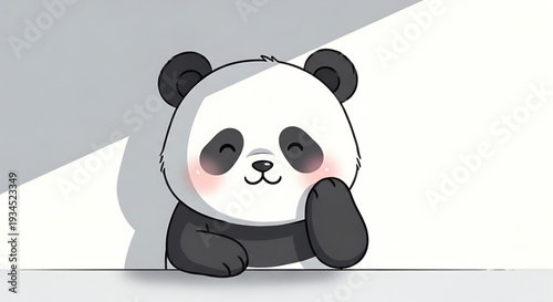 A cute cartoon panda bear with a smiling face and rosy cheeks sitting on a gray surface with a white background